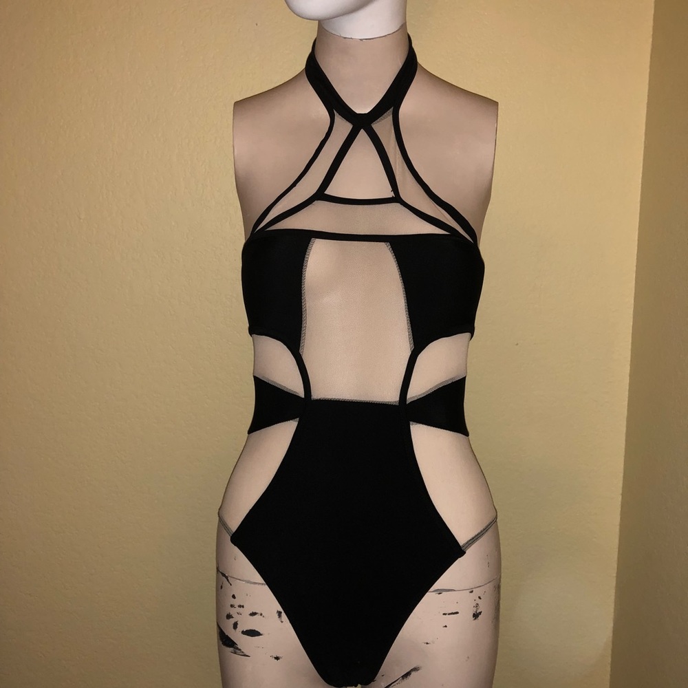Nude black one piece swim suit
